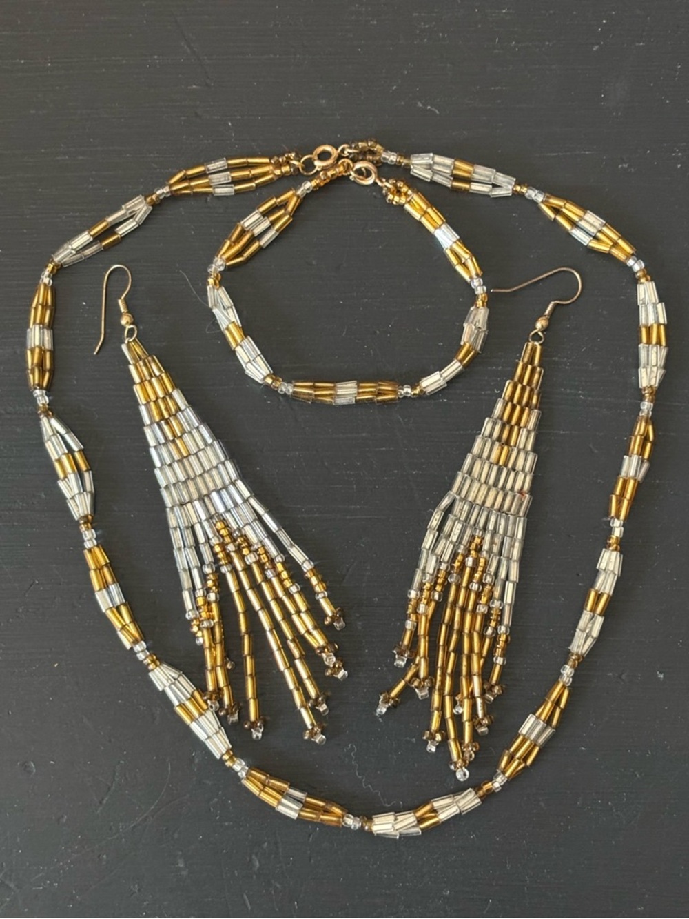 Gold and Silver Beaded Tassel Necklace & Earring Set